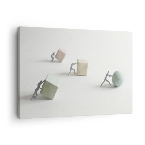 Lærredstryk - Billede på lærred - Miniaturefigurer skubber former mod en lys baggrund - 70x50cm - Selve livet - Moderne vægdekoration til stue og soveværelse ARTTOR