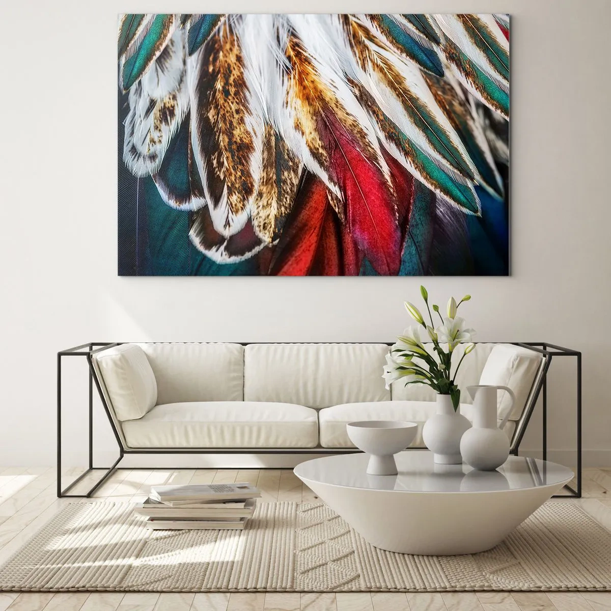 Billede på glas - Farverige fjer i en rig farvepalet med en distinkt tekstur - 70x50cm - Flyvningens hemmeligheder - Moderne vægdekoration til stue og soveværelse ARTTOR