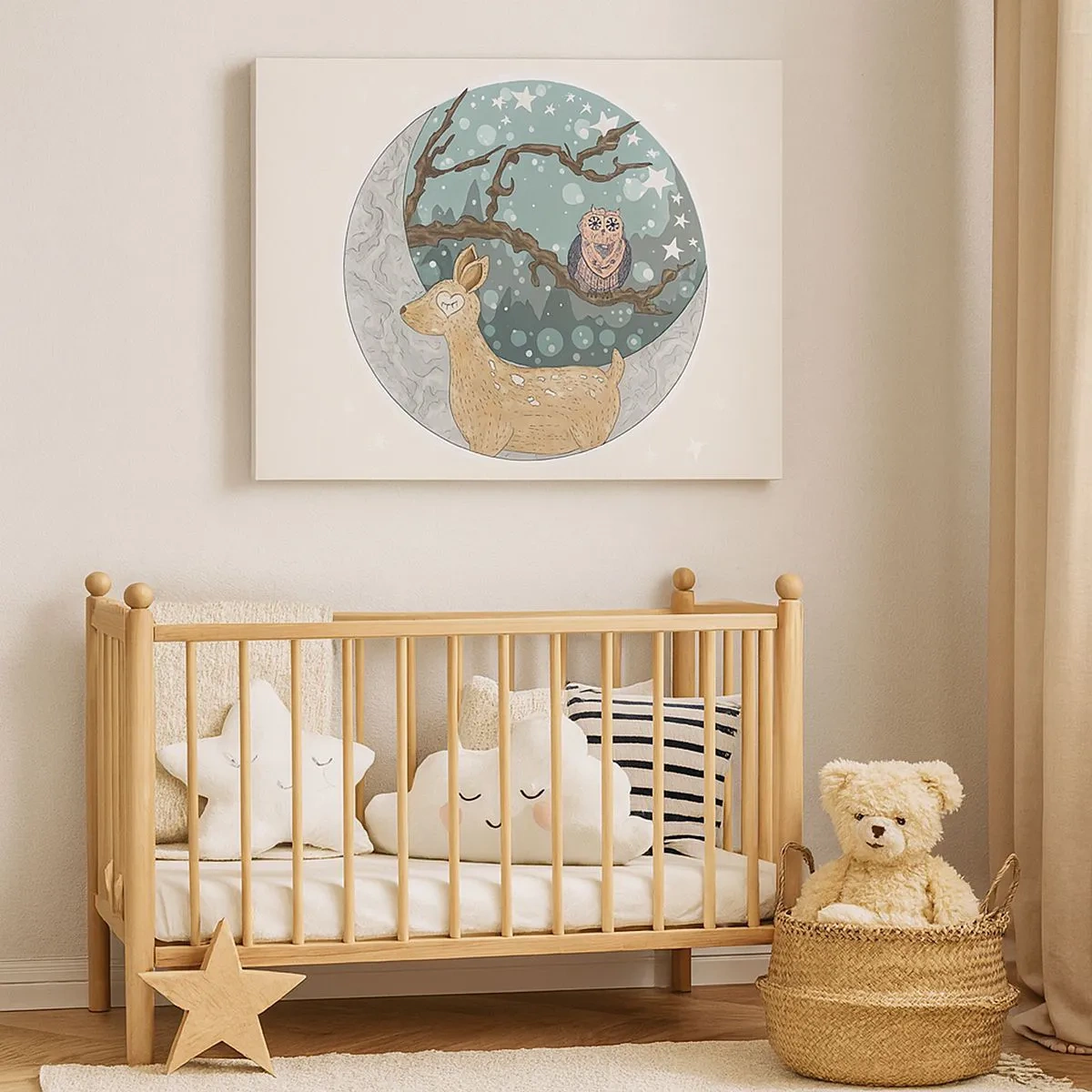 Lærredstryk - Billede på lærred - En hjort og en ugle i et eventyrligt nattelandskab - 70x50cm - En eventyrlig skovnat - Moderne vægdekoration til stue og soveværelse ARTTOR