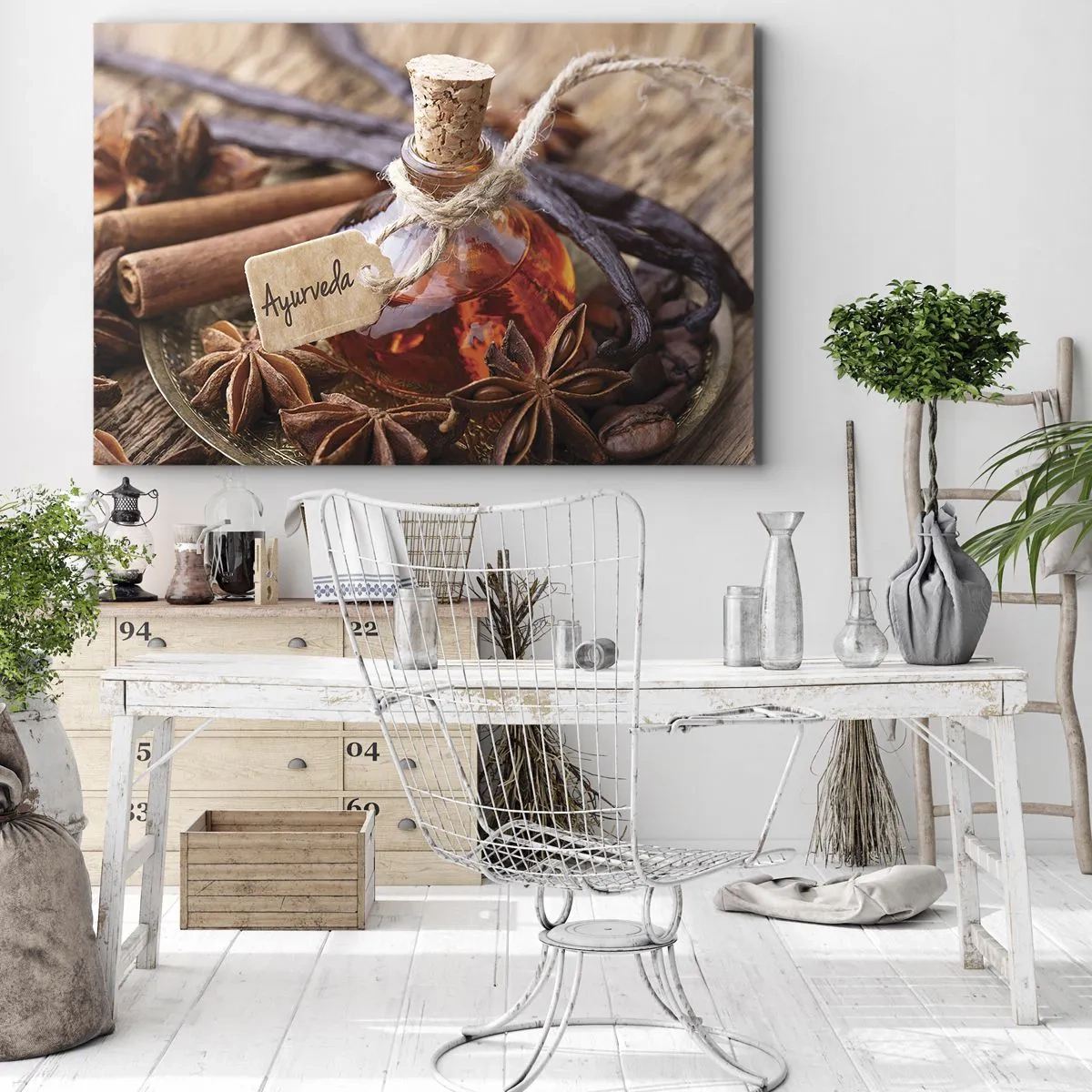Lærredstryk - Billede på lærred - En flaske krydderolie på en bakke - 70x50cm - På vej mod enhed af krop og ånd - Moderne vægdekoration til stue og soveværelse ARTTOR