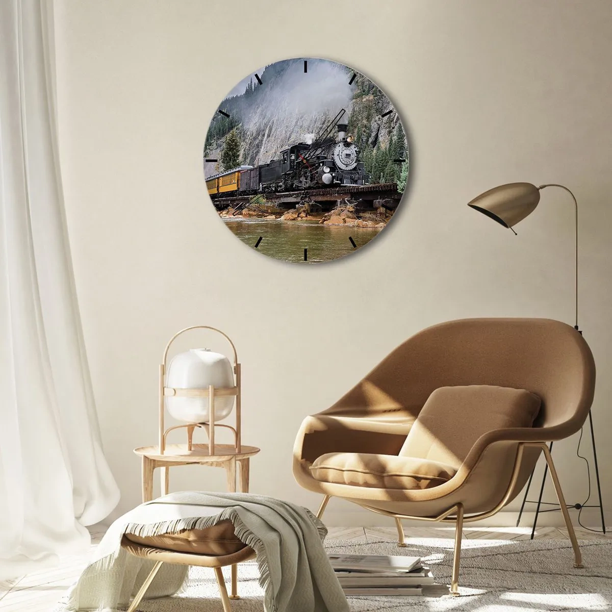 Vægur, Uret - Et damplokomotiv på en bro i et bjerglandskab over en flod - 30x30cm - Og hvorhen? Hvorhen? - Moderne vægdekoration til stue, køkken og soveværelse ARTTOR