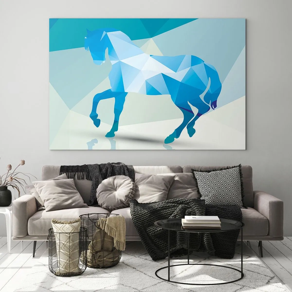 Billede på glas - Geometrisk hest i nuancer af blå og hvid - 70x50cm - Geometrisk hest i turkis - Moderne vægdekoration til stue og soveværelse ARTTOR