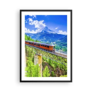 Plakat i sort ramme - Et tog på en bro i Alperne med udsigt til Matterhorn - 50x70cm - Jernbane til Alperne - Moderne vægdekoration til stue og soveværelse ARTTOR