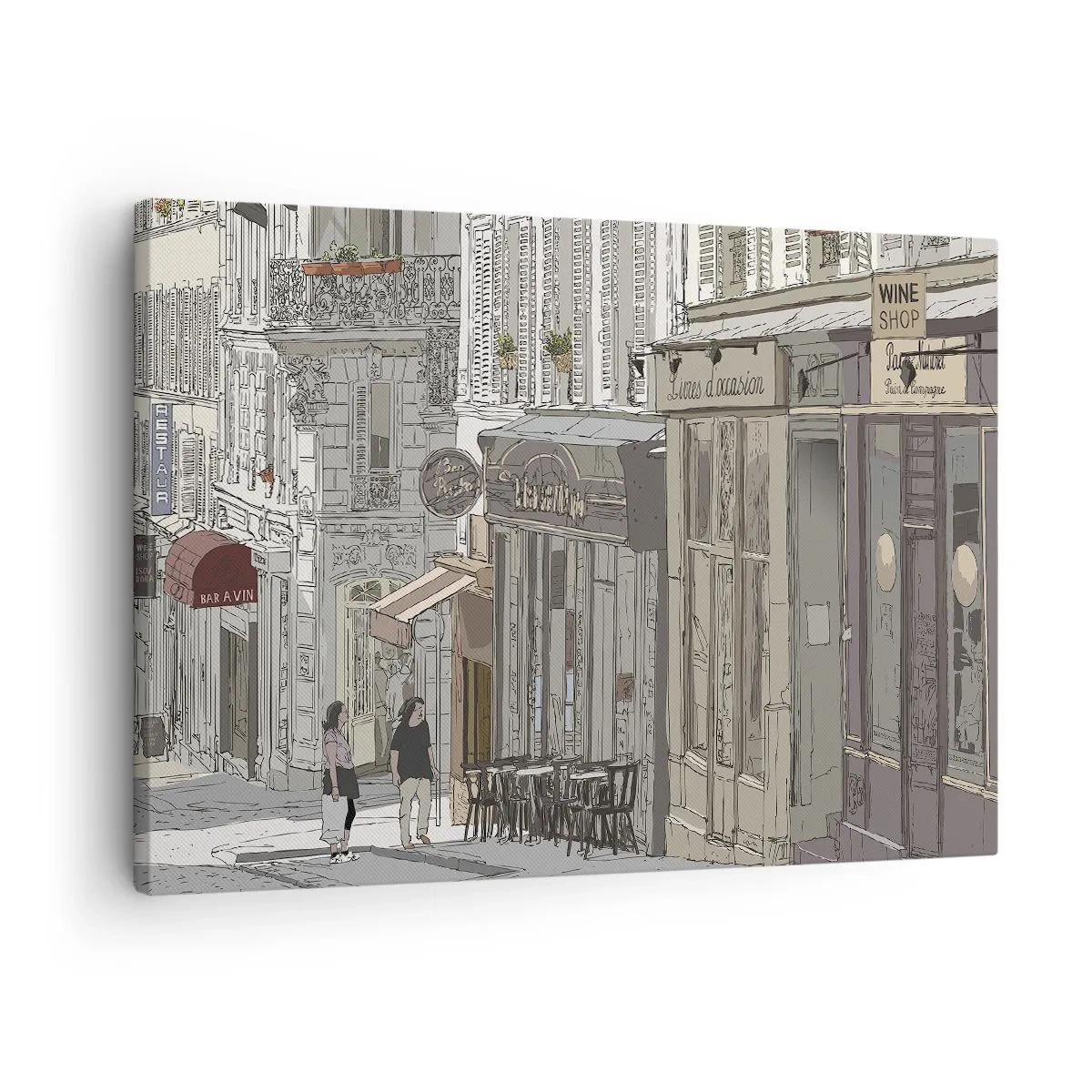 Lærredstryk - Billede på lærred - Illustration af en bygade med caféer og butikker - 70x50cm - Byens glæder - Moderne vægdekoration til stue og soveværelse ARTTOR