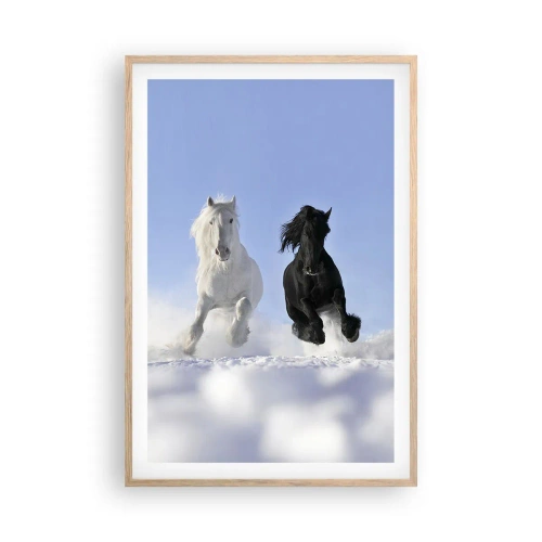 Plakat i ramme af lyst egetræ - Sort og hvid galop - 61x91 cm