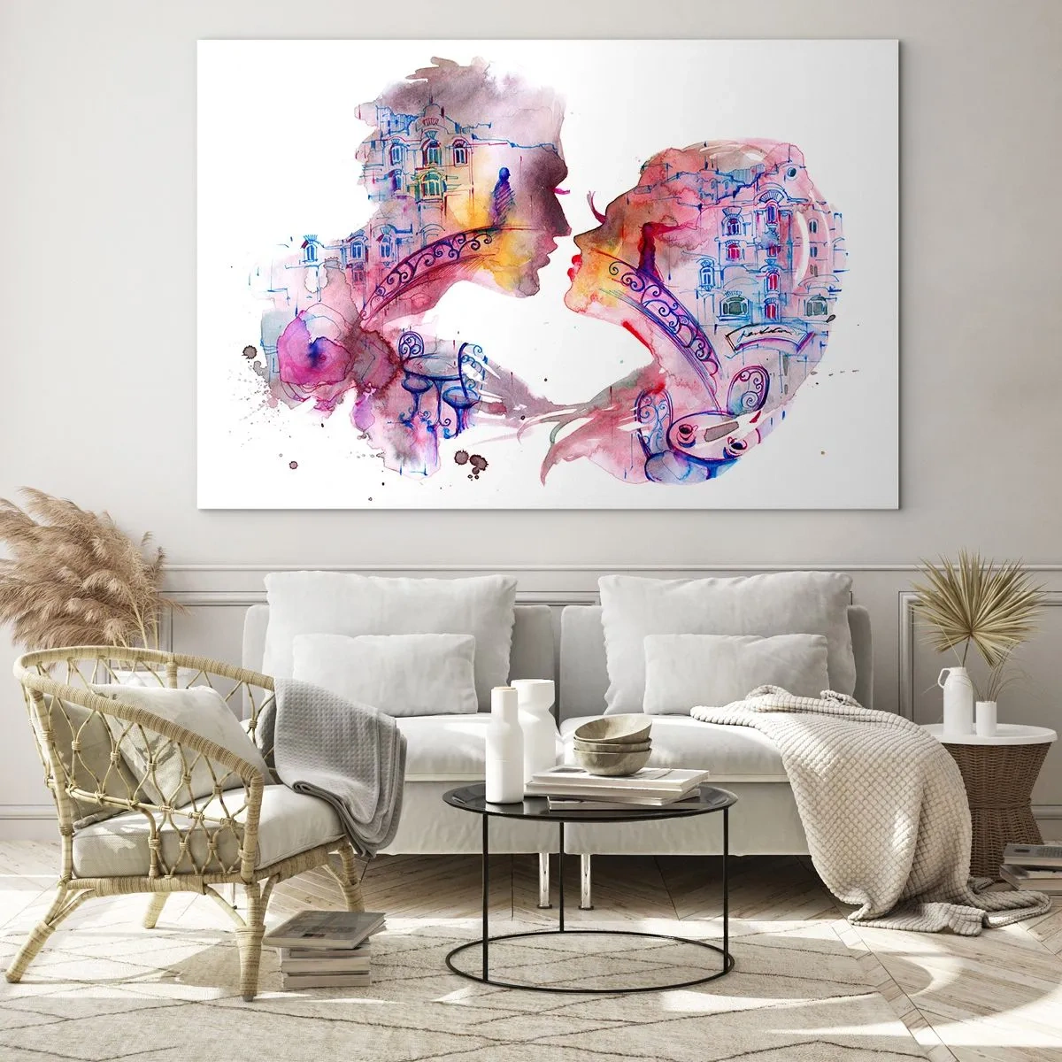 Billede på glas - Illustration af et abstrakt portræt af to personer formet som et hjerte - 70x50cm - Sukkenes hemmelige bro - Moderne vægdekoration til stue og soveværelse ARTTOR