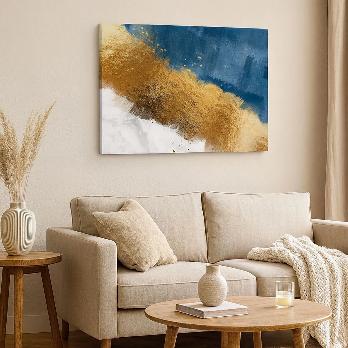 Lærredstryk - Billede på lærred - En abstrakt komposition i nuancer af guld, blå og hvid. - 70x50cm - Sommerens farver - Moderne vægdekoration til stue og soveværelse ARTTOR