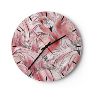 Vægur, Uret - Lyserøde flamingoer i en dynamisk, kunstnerisk komposition - 30x30cm - Fugle corps de ballet - Moderne vægdekoration til stue, køkken og soveværelse ARTTOR