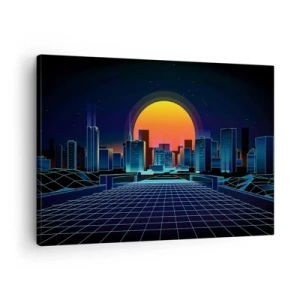 Lærredstryk - Billede på lærred - Futuristisk neon-stil byskyline - 70x50cm - Vil du stadig gerne komme til den ægte vare? - Moderne vægdekoration til stue og soveværelse ARTTOR