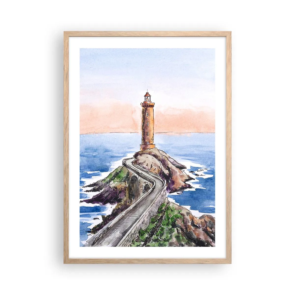 Plakat i ramme af lyst egetræ - Med front mod havet - 50x70 cm