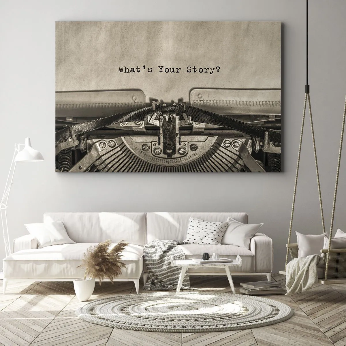 Lærredstryk - Billede på lærred - En skrivemaskine med ordene "Hvad er din historie?" - 70x50cm - Fortæl mig - Moderne vægdekoration til stue og soveværelse ARTTOR
