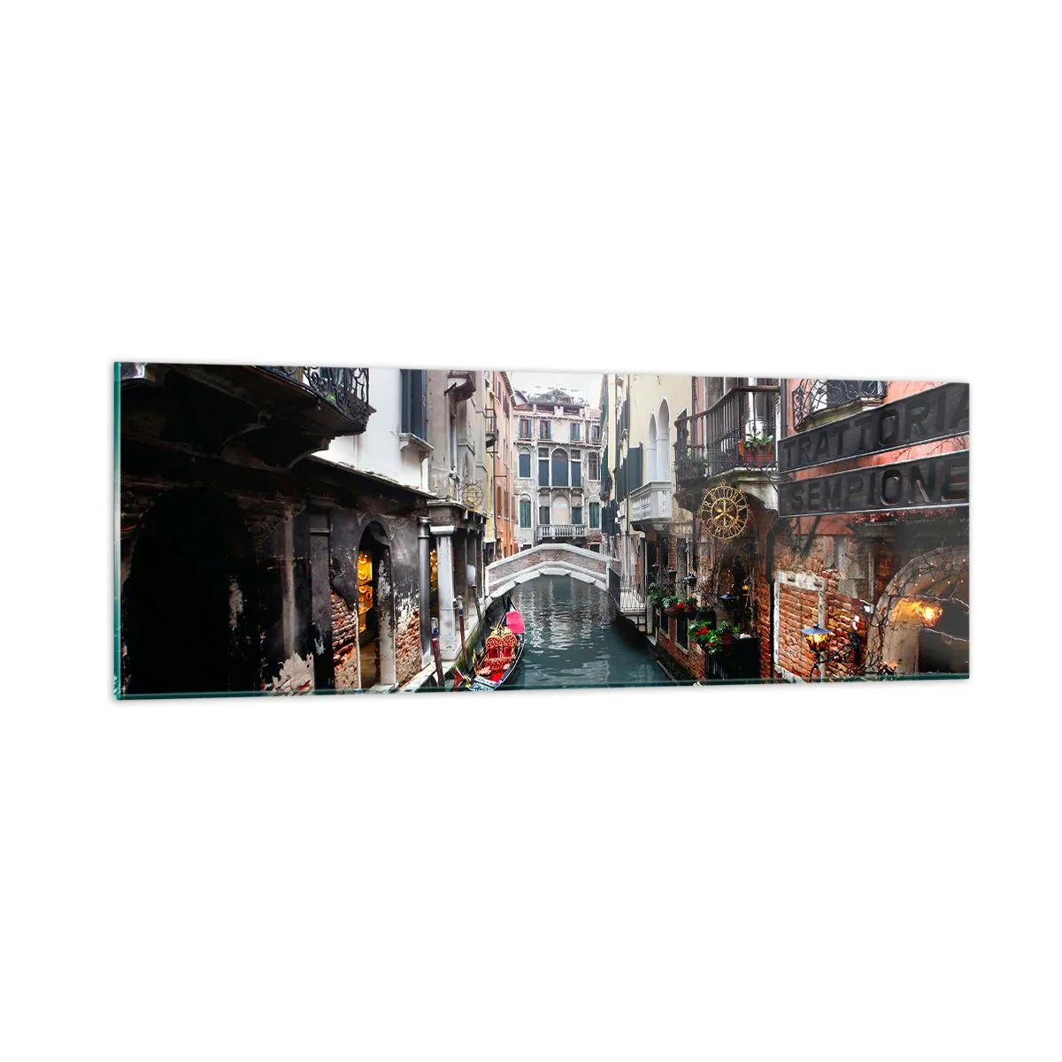 Billede på glas - Venetiansk landskab med gondol og bro - 90x30 cm
