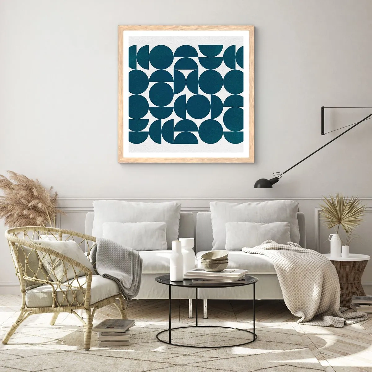 Plakat i ramme af lyst egetræ - Cirkler og halvcirkler - 60x60 cm