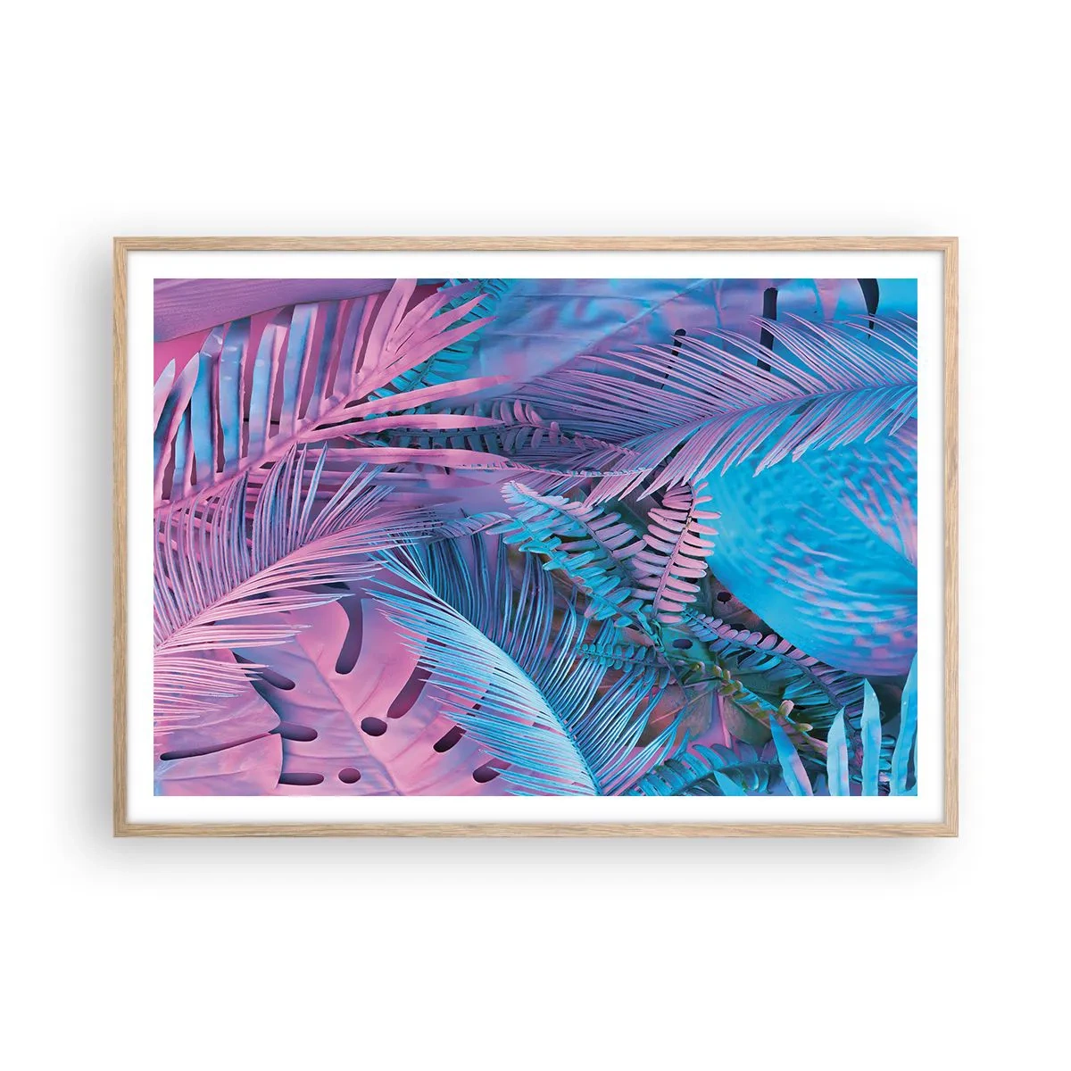 Plakat i ramme af lyst egetræ - Troperne i lyserød og blå - 100x70 cm