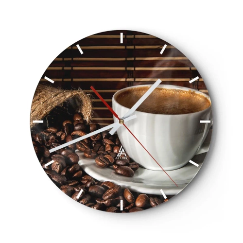 Vægur, Uret - En kop kaffe og spredte bønner på en bambusbaggrund - 30x30cm - Kulets sorthed, ravets gennemsigtighed - Moderne vægdekoration til stue, køkken og soveværelse ARTTOR