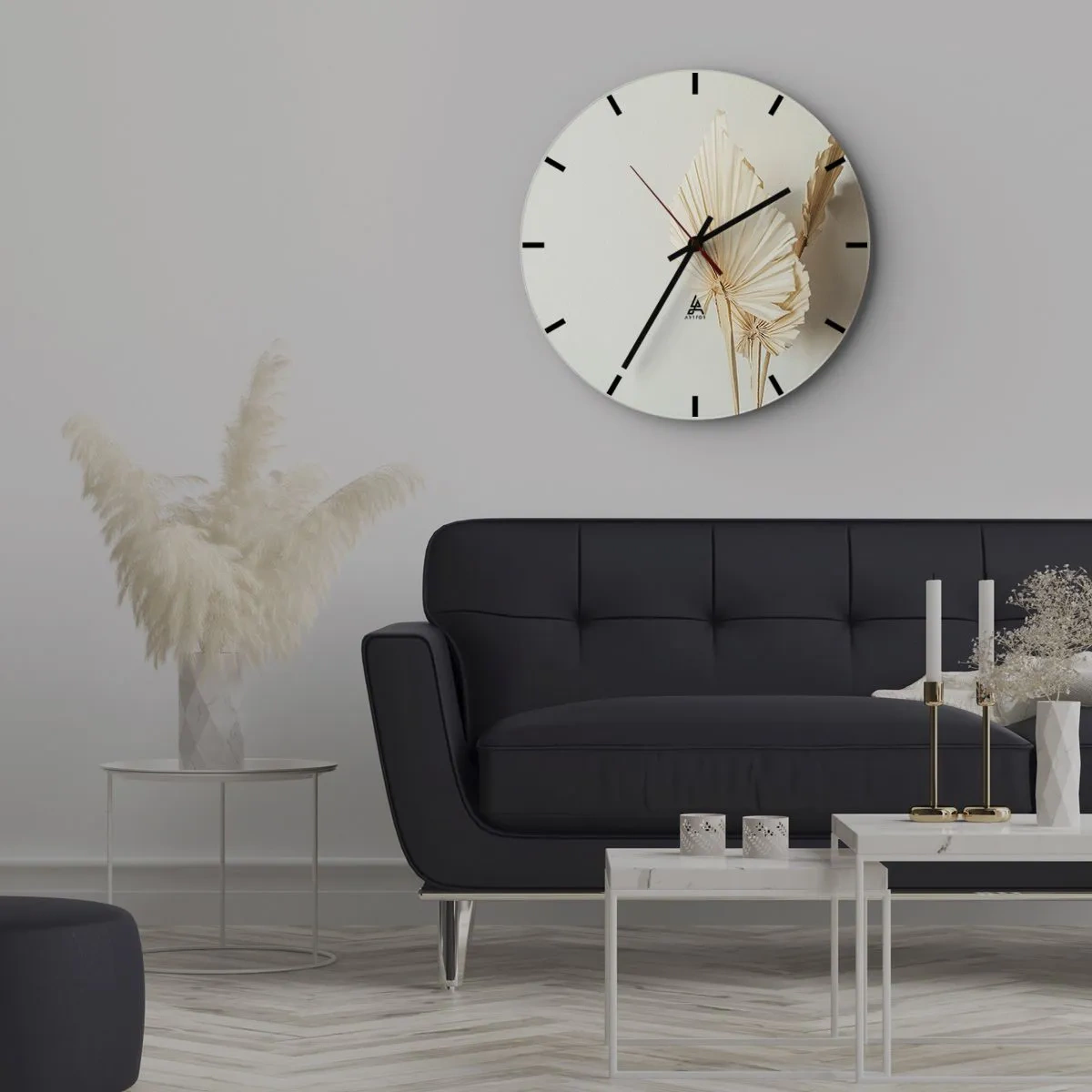 Vægur, Uret - Tørrede palmeblade på en beige baggrund i boho-stil - 30x30cm - Når du har brug for trøst - Moderne vægdekoration til stue, køkken og soveværelse ARTTOR