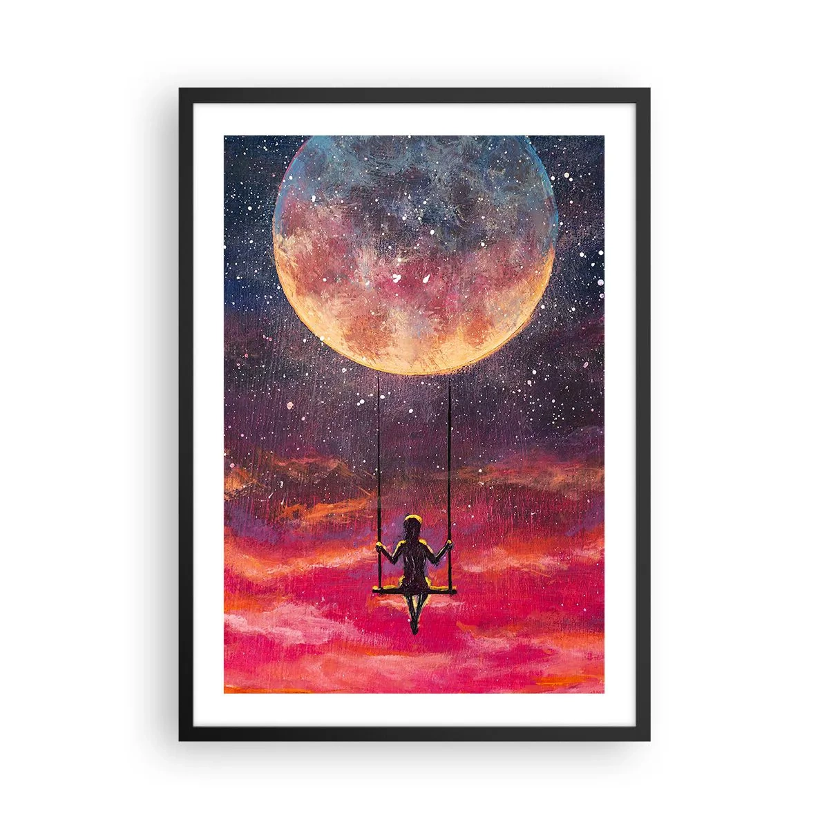Plakat i sort ramme - Pige på en gynge under fuldmånen - 50x70cm - Glæd dig i skyerne - Moderne vægdekoration til stue og soveværelse ARTTOR