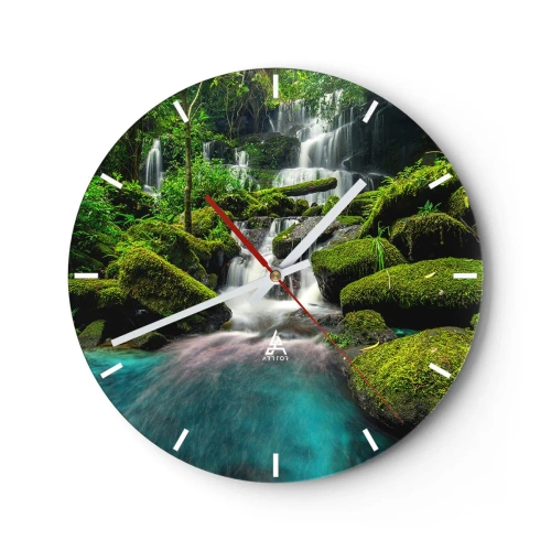Vægur, Uret - Et grønt vandfald med en turkis sø omgivet af mos - 30x30cm - Turkis, safirer og flydende sølv - Moderne vægdekoration til stue, køkken og soveværelse ARTTOR