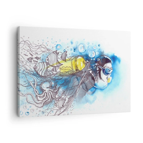 Lærredstryk - Billede på lærred - Undervandsscene med en dykker og eksotiske fisk - 70x50cm - Stor blå - Moderne vægdekoration til stue og soveværelse ARTTOR