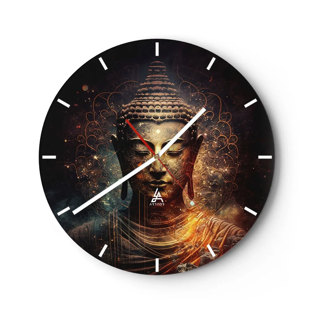 Vægur, Uret - Et gyldent billede af en mediterende Buddha på en mørk baggrund - 30x30cm - Åndelig balance - Moderne vægdekoration til stue, køkken og soveværelse ARTTOR