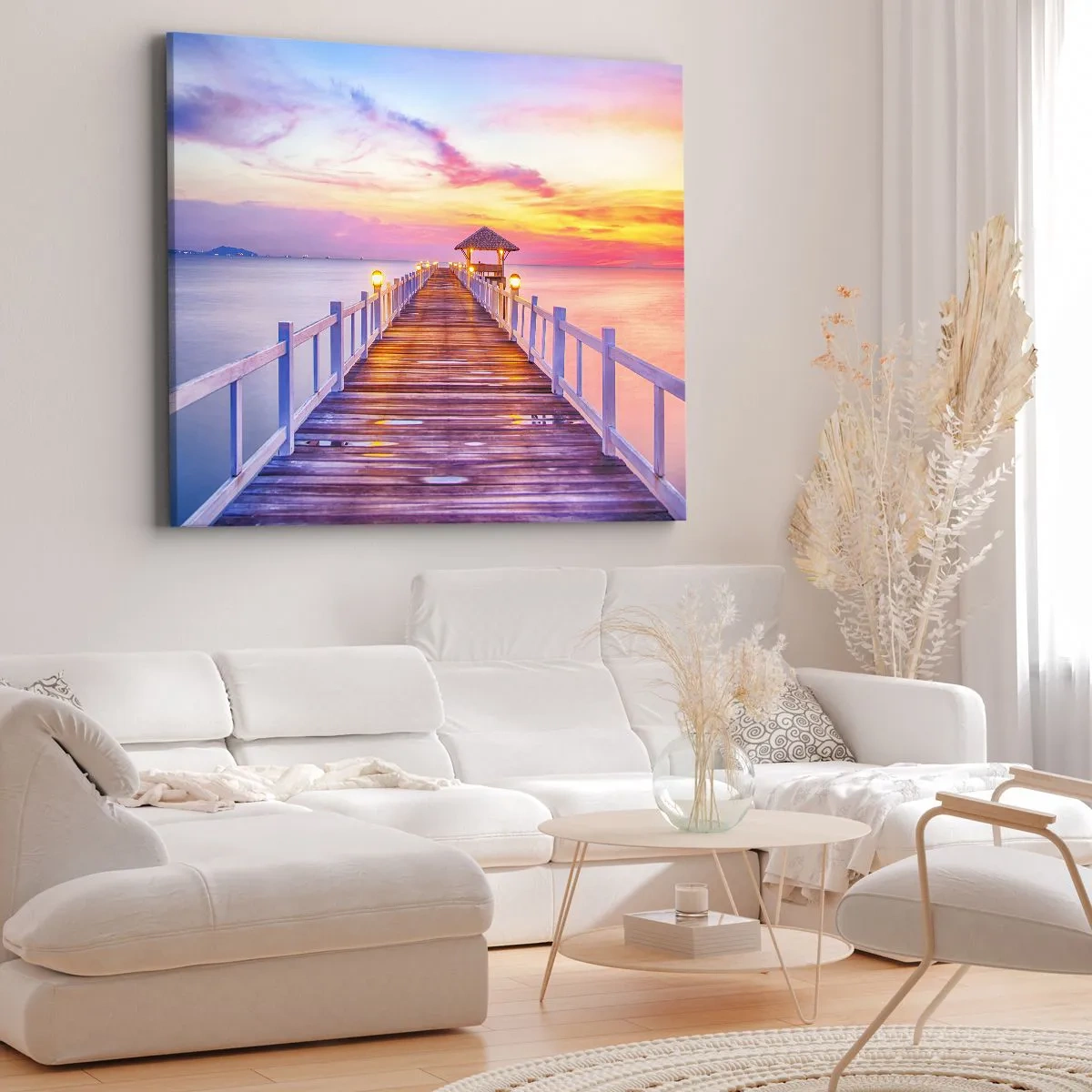 Lærredstryk - Billede på lærred - En mole over vandet ved solnedgang i pastelfarver - 70x50cm - Lilagylden stilhed om aftenen - Moderne vægdekoration til stue og soveværelse ARTTOR