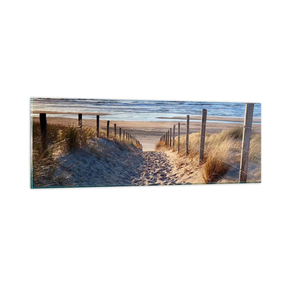 Billede på glas - Havet brummer, fuglene synger, en vild strand midt i græsset.... - 90x30 cm