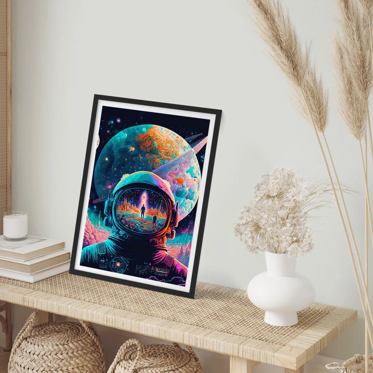 Plakat i sort ramme - Astronaut på baggrund af et kosmisk landskab - 50x70cm - Filosoffer har aldrig drømt - Moderne vægdekoration til stue og soveværelse ARTTOR