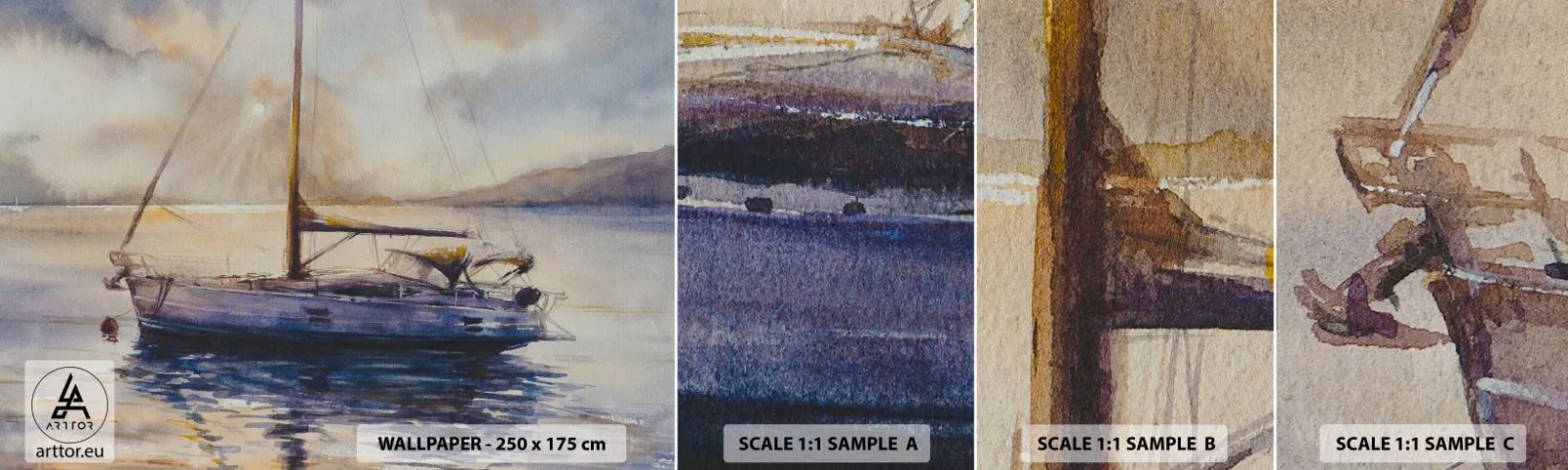 Prøve Fototapet Selvklæbende Deluxe Sticker - Aften i bugten - Sejlbåd, Fiskeri, Ved havet - 100x30 cm