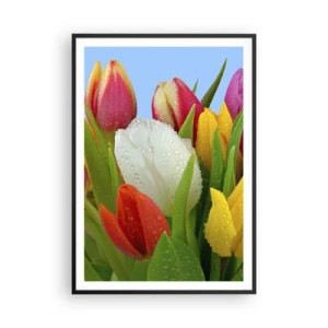 Plakat i sort ramme - En blomstret regnbue i dugdråber - 70x100 cm