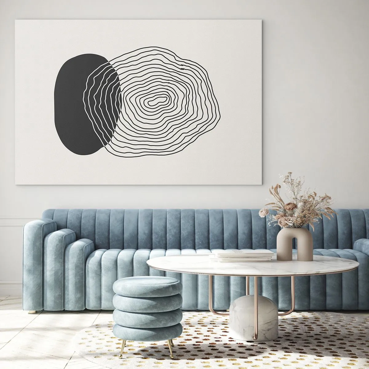 Billede på glas - Abstrakt mønster med sorte og hvide ovaler og linjer - 70x50cm - Varighed og vibration - Moderne vægdekoration til stue og soveværelse ARTTOR