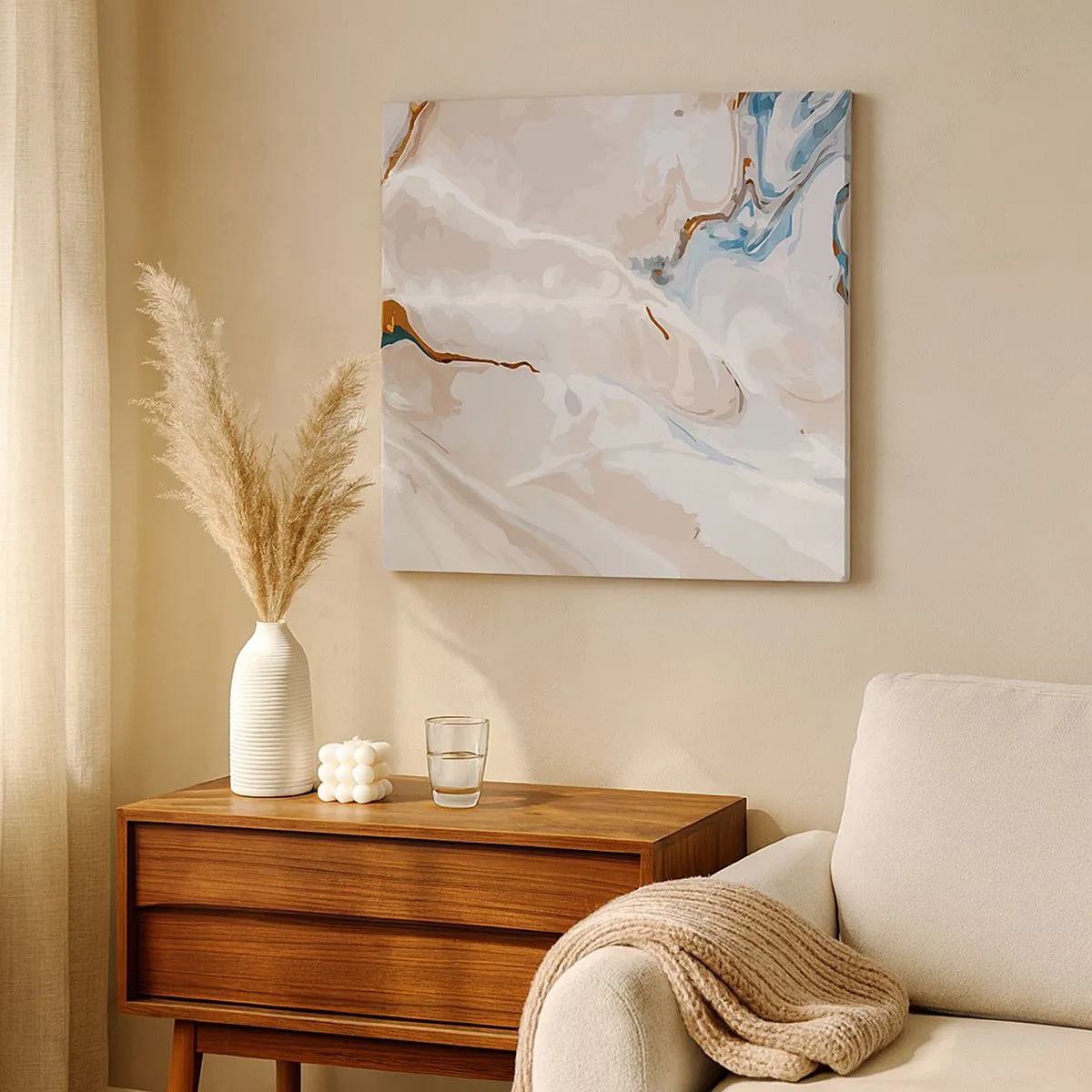 Lærredstryk - Billede på lærred - Blå slynger sig under det hvide - 30x30 cm