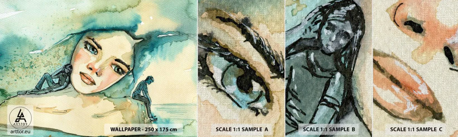 Prøve Fototapet Premium Canvas - Am I blue? - Abstraktion, Kvindens ansigt, Maleri - 100x30 cm