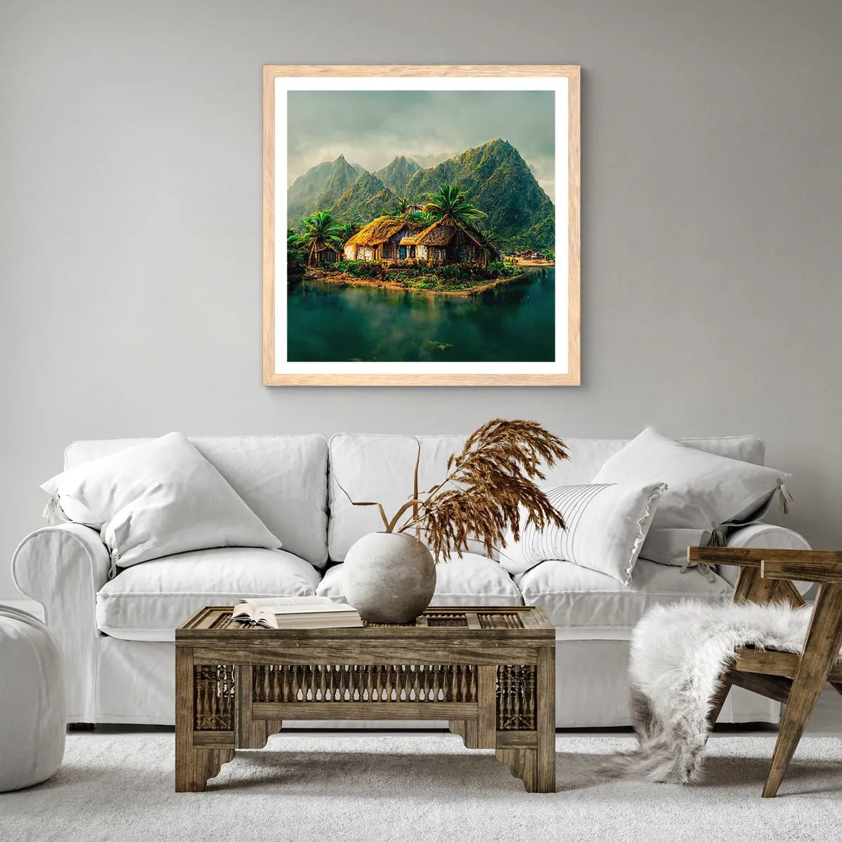 Plakat i ramme af lyst egetræ - Tropisk paradis - 60x60 cm