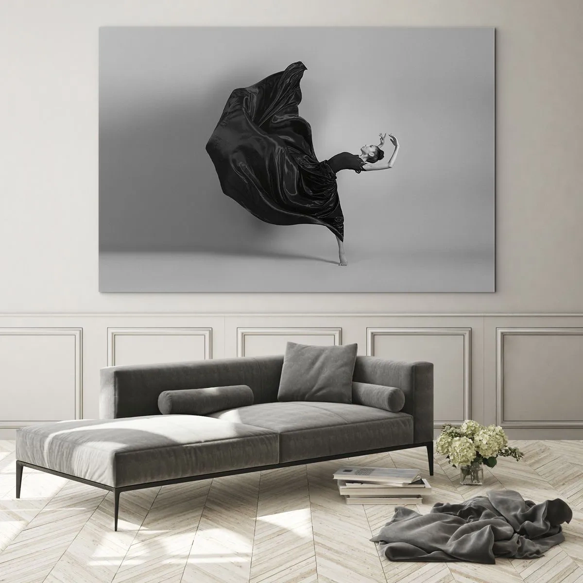 Billede på glas - En danser i en sort kjole svæver dynamisk i luften - 70x50cm - Bevinget af musik - Moderne vægdekoration til stue og soveværelse ARTTOR