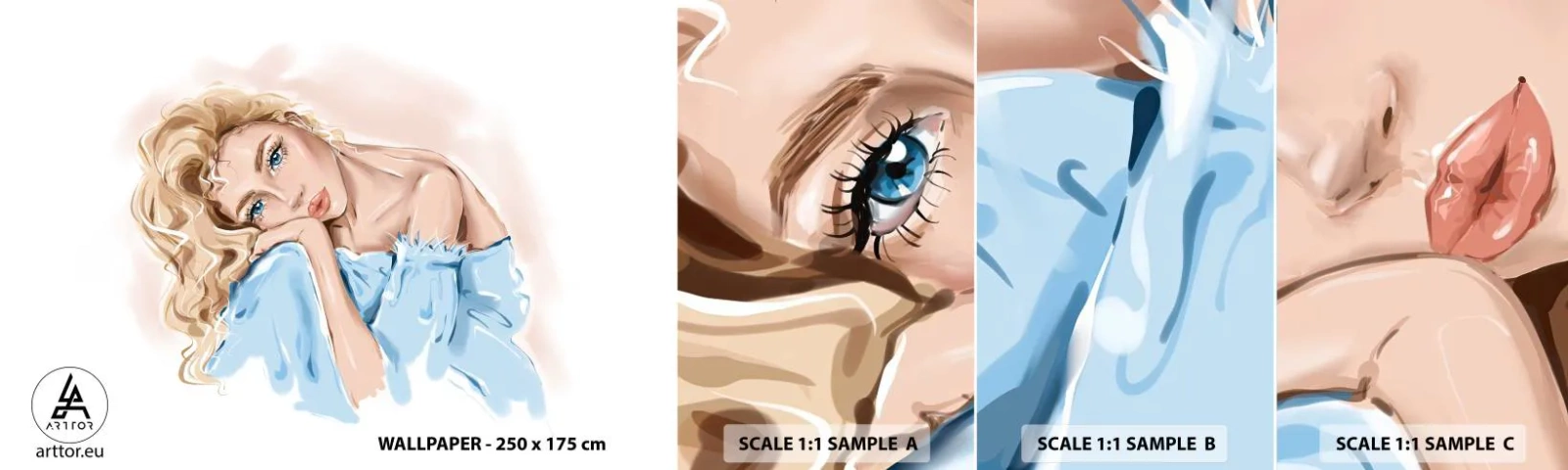 Prøve Fototapet Selvklæbende Deluxe Sticker - Drømmende i blåt - Kvinde, Mode, Grafik - 100x30 cm