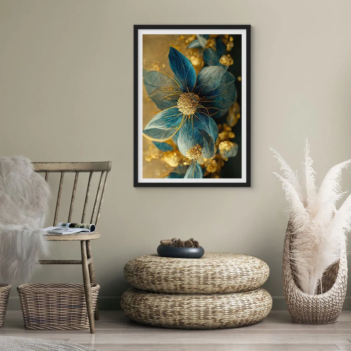 Plakat i sort ramme - Guld- og marineblå blomster i en elegant komposition - 50x70cm - Blomstre med guld - Moderne vægdekoration til stue og soveværelse ARTTOR