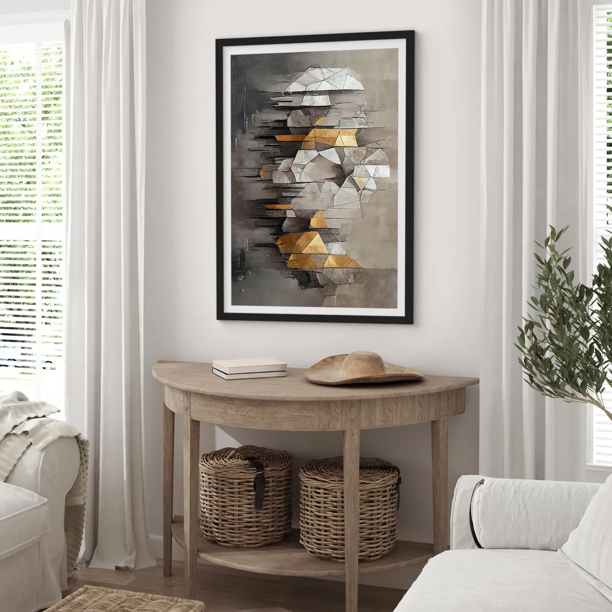 Plakat i sort ramme - Geometrisk abstraktion i nuancer af grå og guld - 50x70cm - Komposition lavet af is og lys - Moderne vægdekoration til stue og soveværelse ARTTOR