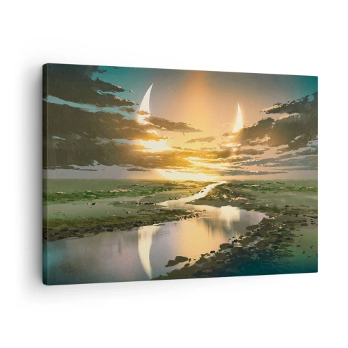 Lærredstryk - Billede på lærred - Et fantastisk landskab med to måner i horisonten - 70x50cm - Et eller andet sted i en galakse langt, langt væk - Moderne vægdekoration til stue og soveværelse ARTTOR