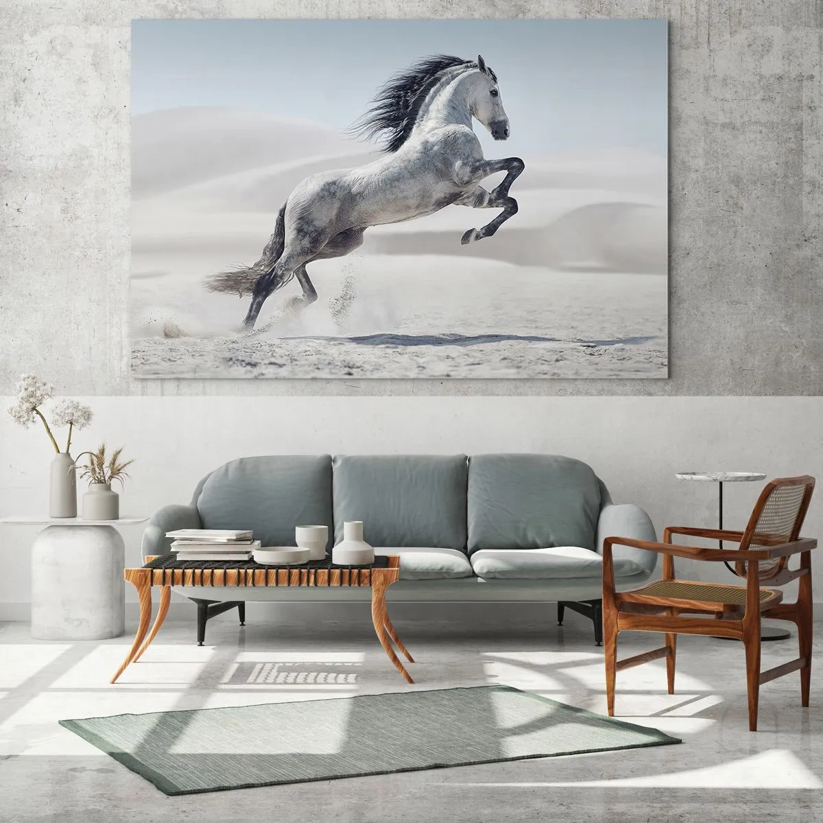 Billede på glas - En hvid hest springer mod en baggrund af ørkenklitter - 70x50cm - Arabisk prins - Moderne vægdekoration til stue og soveværelse ARTTOR