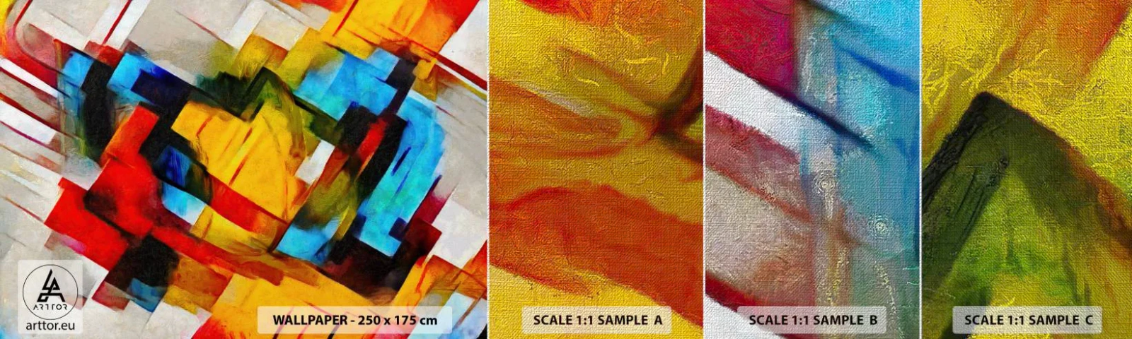 Prøve Fototapet Premium Canvas - Flerfarvet lagdeling - Abstraktion, Kubisme, Stykke - 100x30 cm