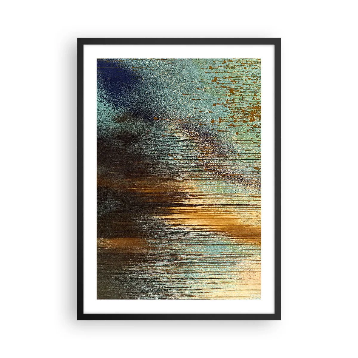 Plakat i sort ramme - En abstrakt komposition af guld- og blå malerstrøg. - 50x70cm - En utilsigtet farverig komposition - Moderne vægdekoration til stue og soveværelse ARTTOR