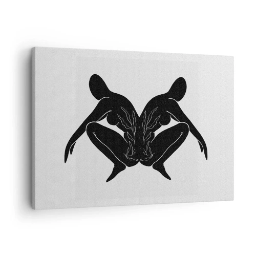 Lærredstryk - Billede på lærred - Sorte silhuetter i symmetrisk position på en hvid baggrund - 70x50cm - En delt sjæl - Moderne vægdekoration til stue og soveværelse ARTTOR
