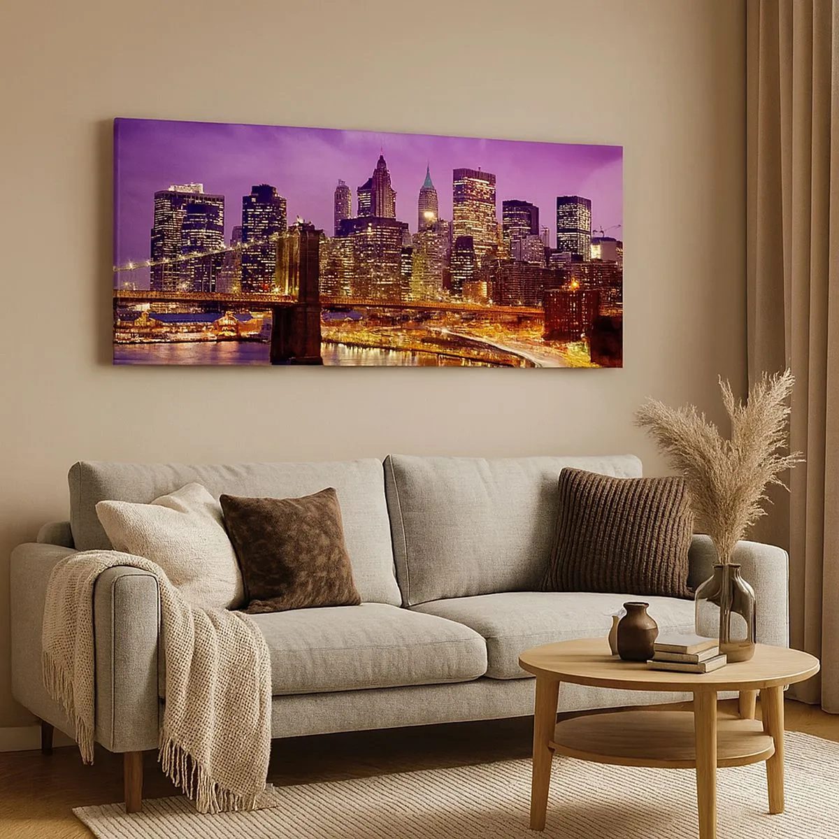 Lærredstryk - Billede på lærred - Lilla og gylden Manhattan - 100x40 cm