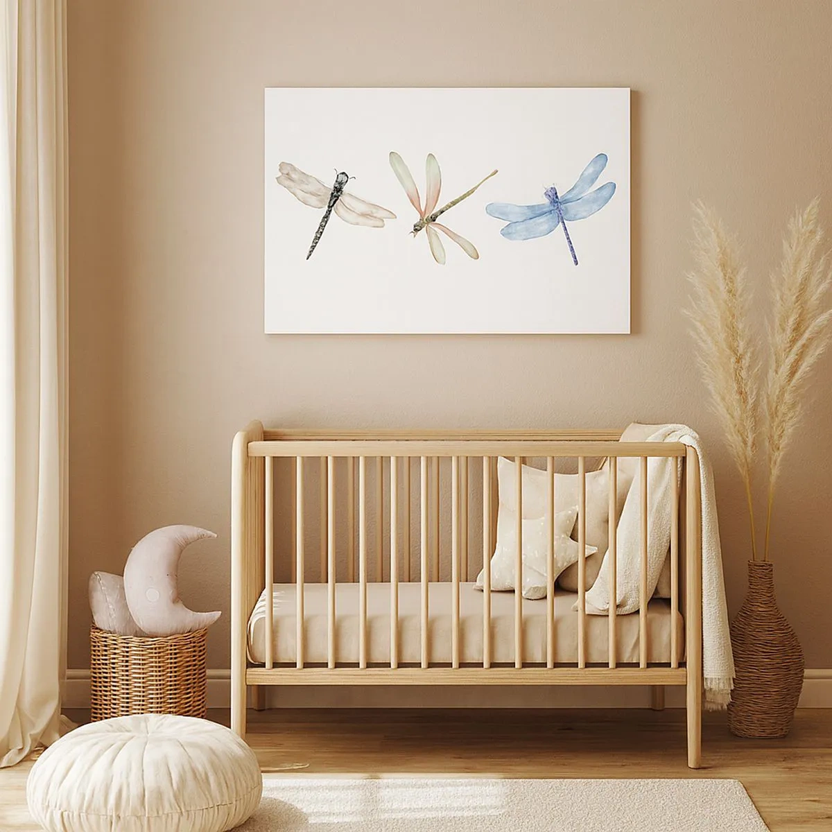 Lærredstryk - Billede på lærred - Tre guldsmede i sarte pastelfarver - 70x50cm - Vægtløse guldsmede - Moderne vægdekoration til stue og soveværelse ARTTOR