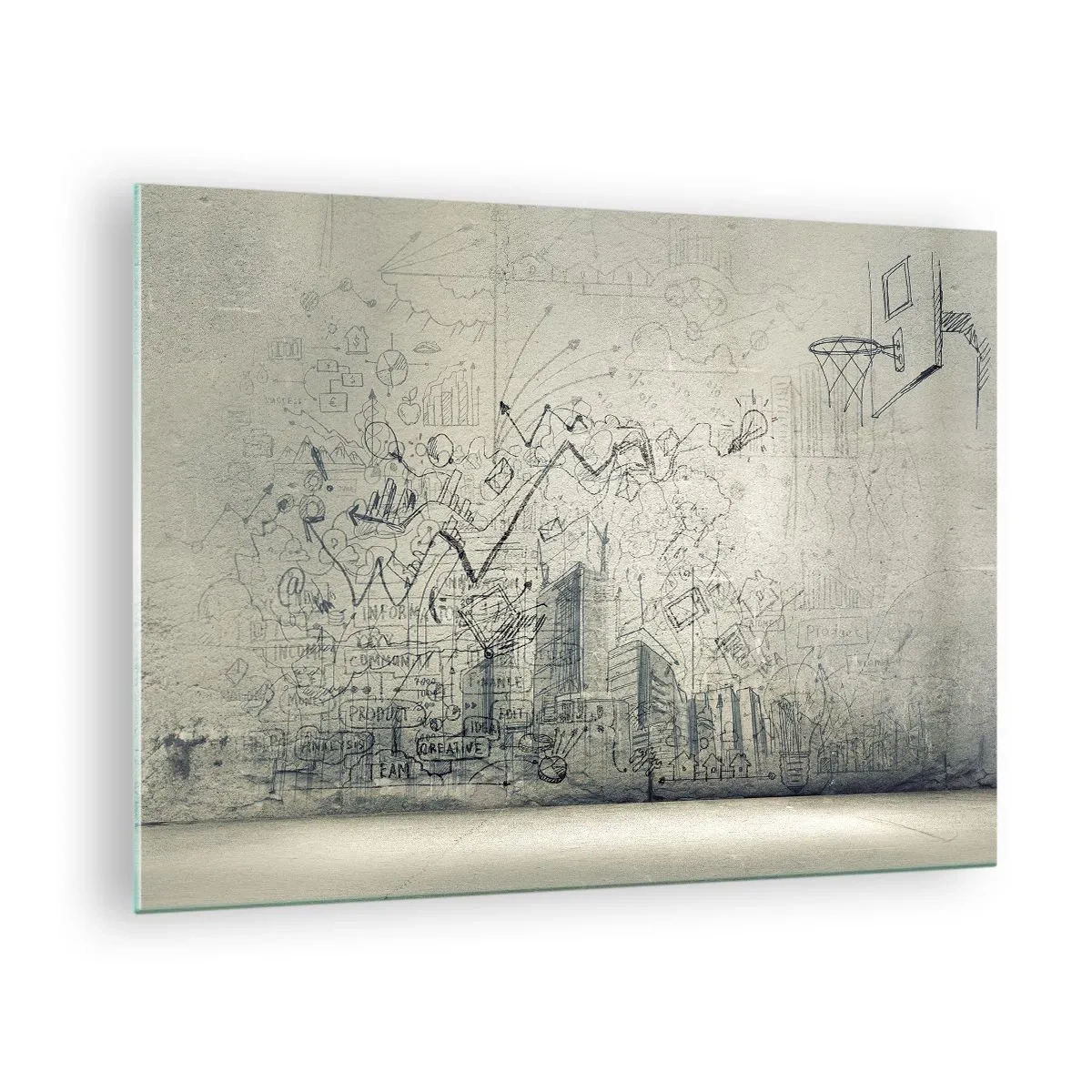 Billede på glas - Grafisk skitse med forretnings- og kreative elementer - 70x50cm - Mit vidunderlige byliv - Moderne vægdekoration til stue og soveværelse ARTTOR