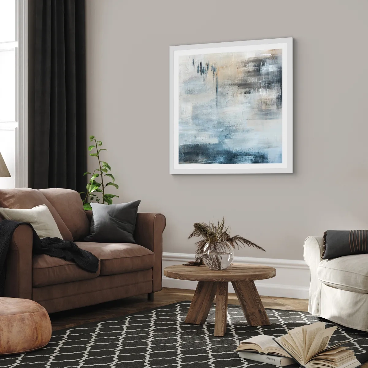 Plakat i hvid ramme - Bag et slør af blåt - 40x40 cm