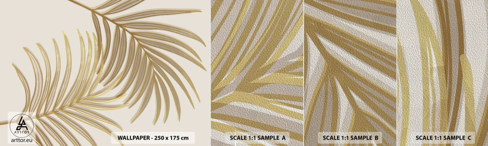 Prøve Fototapet Premium Sand - Gylden palme! - Abstraktion, Palmeblad, Grafik - 100x30 cm