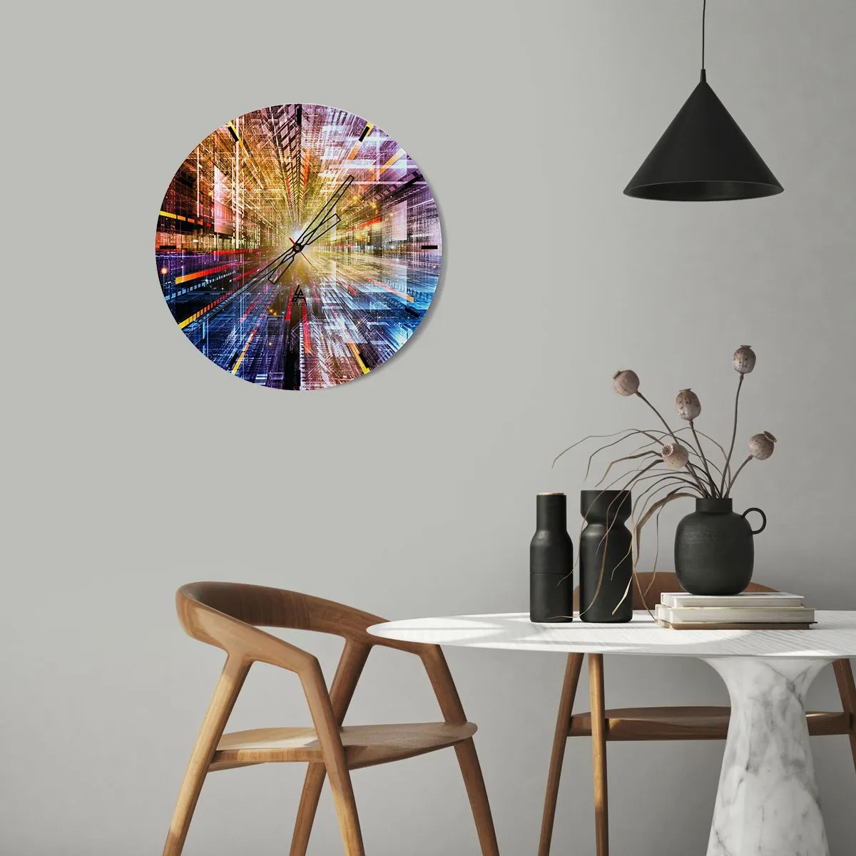 Vægur, Uret - En abstrakt vision af byen med lyseffekter og farver - 30x30cm - Lysende korridor - Moderne vægdekoration til stue, køkken og soveværelse ARTTOR