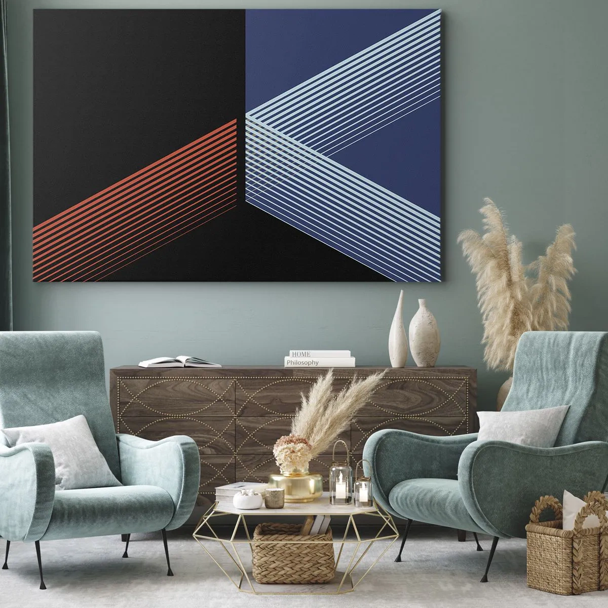 Lærredstryk - Billede på lærred - Geometriske linjer i nuancer af rød og blå - 70x50cm - En simpel historie - Moderne vægdekoration til stue og soveværelse ARTTOR