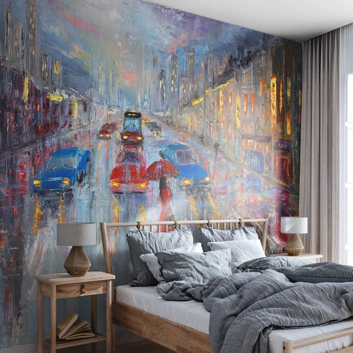Fototapet Selvklæbende Deluxe Sticker - Regnfuld eftermiddag i byen - By, Arkitektur, Gå i regnen - 150x105 cm